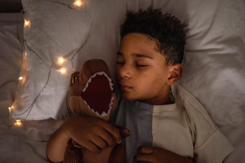 Young child holding a soft toy while sleeping